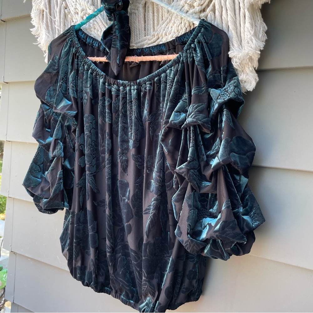 MSK Blue Velvet burn out Stretchy Romantic Gathered Sleeves Blouse floral w/tie
